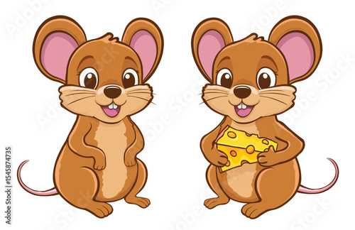 Two mice with big ears and expressive eyes, one on the right holds a piece of yellow cheese with holes, cheerful and playful illustration