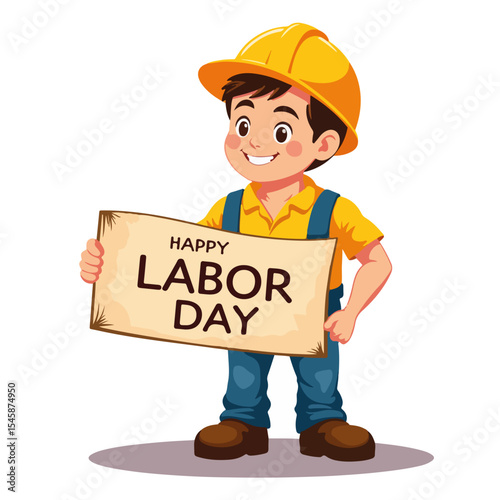Happy Labor Day cartoon construction worker holding sign. Young construction worker cheerfully presents Labor Day message.