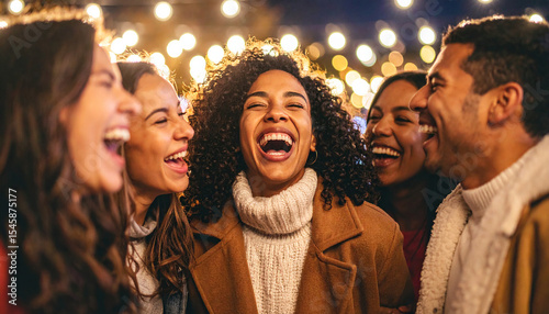 Group of Happy Young People Laughing Outdoors at Night