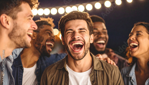 Multiethnic Group of Friends Joyfully Laughing Outdoors at Night
