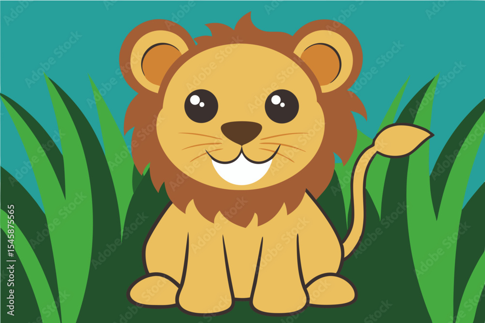 Obraz premium Adorable Cartoon Lion Cub Sitting on Green Grass