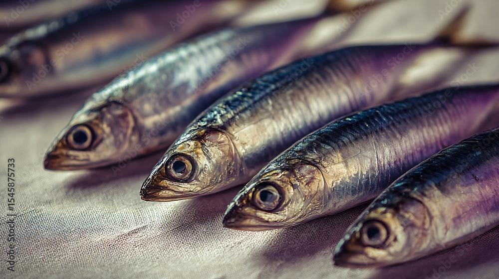 Obraz premium Sardines arranged on light surface, warm lighting with soft purple shadows and textile hints