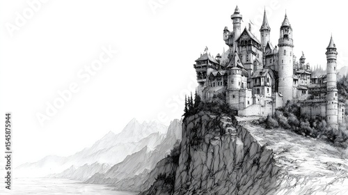 Epic fantasy castle on a remote cliff edge. Detailed black and white pencil drawing of a majestic fortress in a mountain landscape. Panoramic sketch.