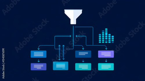 Data Flow and Analytics: An abstract illustration shows data processing and information filtering, visualized with a funnel and data blocks. 