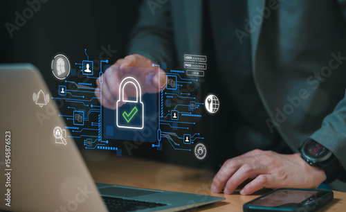 Business person secure technology data privacy to prevent cybercrime. Data security or PDPA compliance. Business and financial information data encryption and authentication.