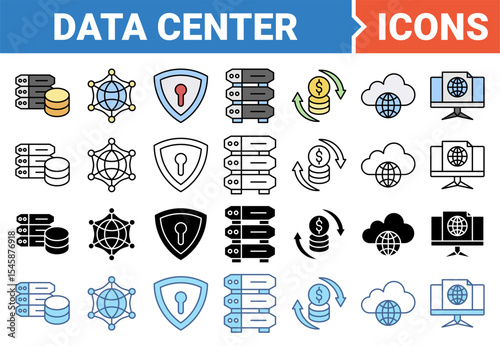 Data center banner icon set with multiple style collection.	