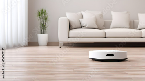 Smart Home Automation: A sleek, automated vacuum cleaner effortlessly navigates a modern living room, highlighting the convenience and efficiency of a smart home.