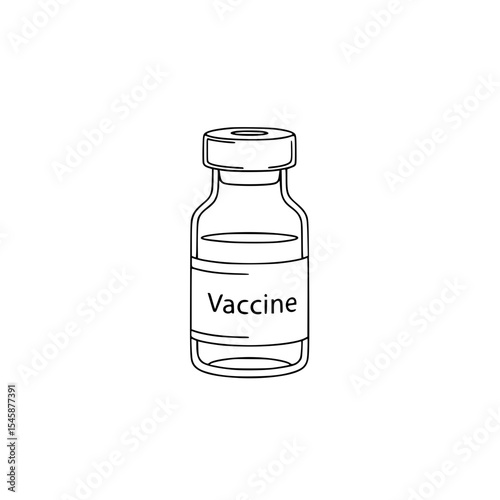Vaccine bottle outline drawing on transparent background, isolated vector line drawing 