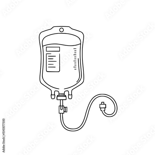 IV bag for fluid delivery in medical setting, isolated vector line drawing on transparent background