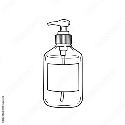 Dispenser bottle with pump lid for soap or lotion, isolated vector line drawing on transparent background