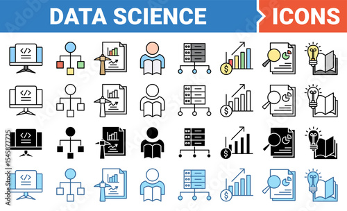 Data science banner icon set with multiple style collection.	