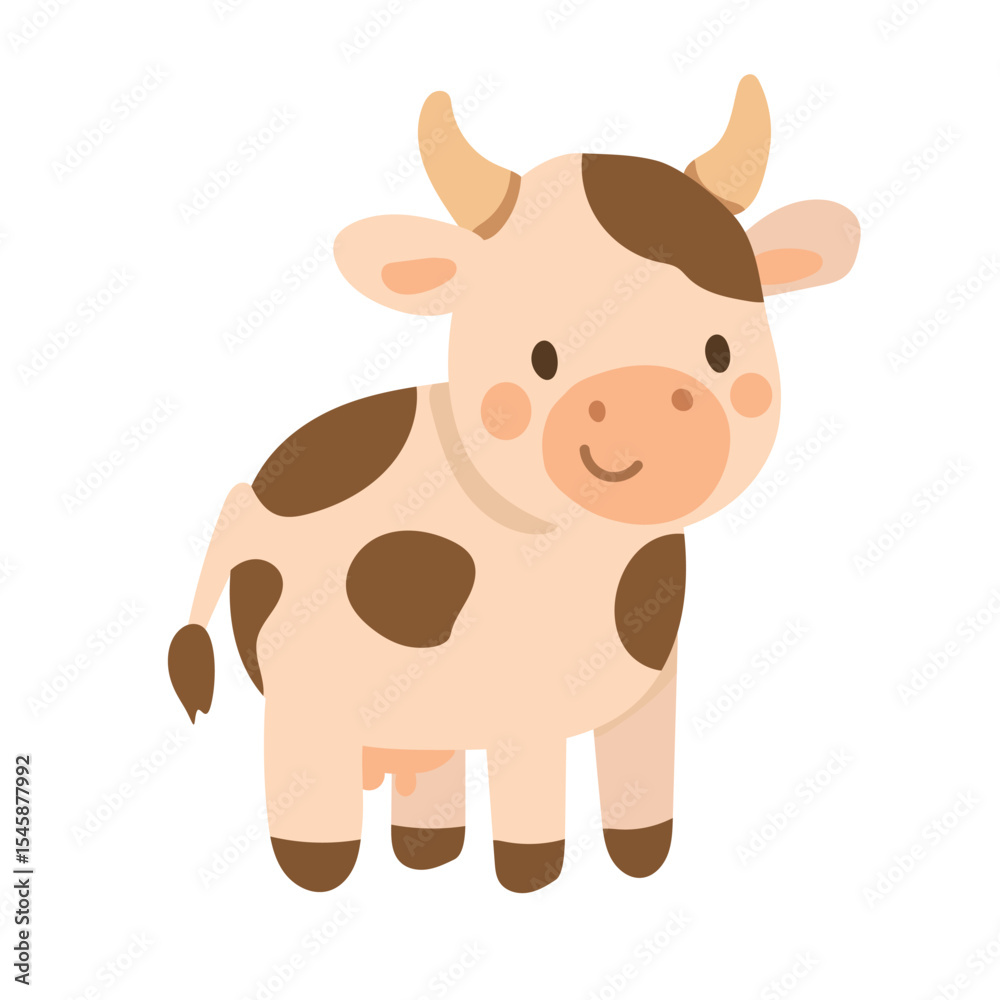 Fototapeta premium Cute cartoon cow with brown spots and horns stands smiling on a white background, perfect for farm animal illustrations, kids books, or dairy-themed graphics.