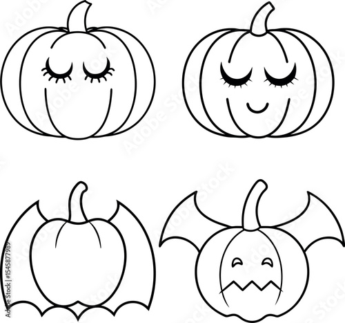 Pumpkins with Bats Ghost Expressions Line Art – Halloween Pumpkin Line Art Set 52