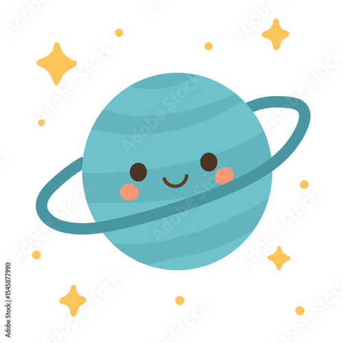 Kawaii Saturn with glowing rings and rosy cheeks floats in space, ideal for astronomy learning visuals, celestial kids posters, or space-themed designs.