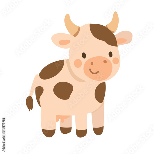 Cute cartoon cow with brown spots and horns stands smiling on a white background, perfect for farm animal illustrations, kids books, or dairy-themed graphics.