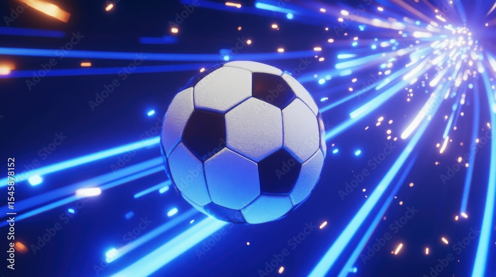Naklejka premium Dynamic soccer ball with glowing trails, capturing the essence of the beautiful game