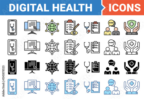Digital health banner icon set with multiple style collection.	