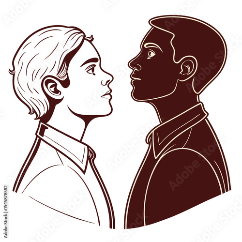 Isolated Silhouette of dual heads facing opposite ways, symbolising contrast, identity, conflict, and thought