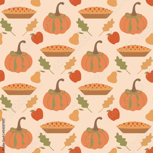 Thanksgiving seamless pattern. Warm and cozy seasonal design. Pumpkin with cute bow, autumn leaves, pumpkin pie, apples and pears. Vector colorful autumn background.