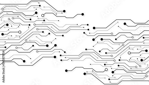 Electronic circuit with empty space on white background. Dots and lines connection circuit design