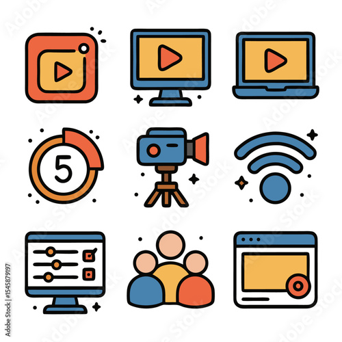 Stream starting now nine video production icons suitable for reels, editing software, social media promotions, and multimedia projects.