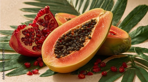 Papaya and pomegranate halves with tropical leaves, styled on soft sand-colored background