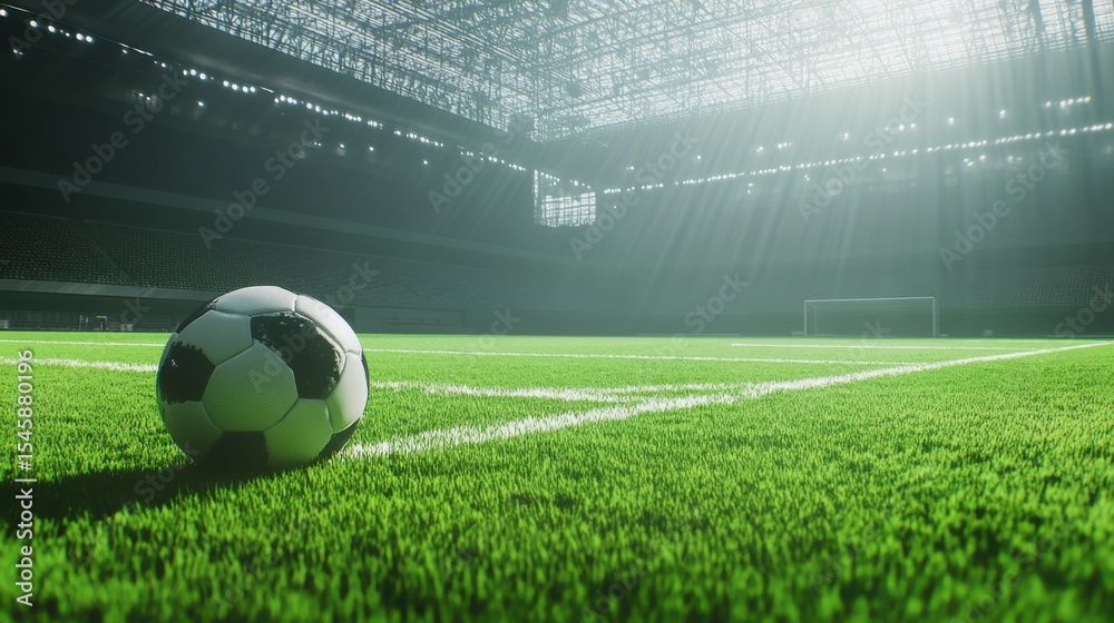 Naklejka premium Awaiting the game: A soccer ball rests on the vibrant green pitch of a stadium