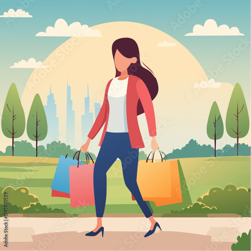 happy woman walking with shopping bags, vector illustration