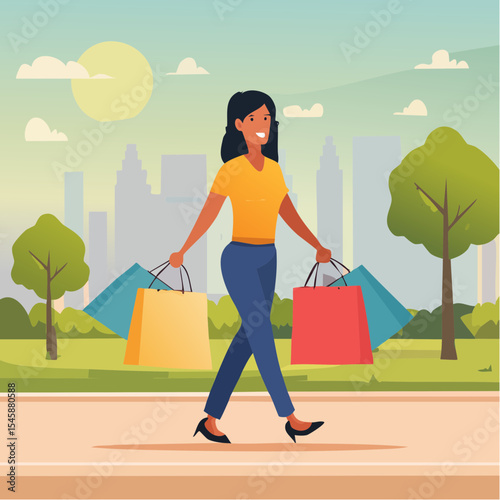 happy woman walking with shopping bags, vector illustration