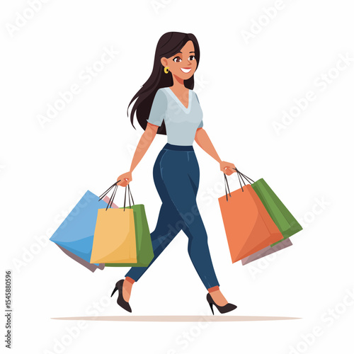 happy woman walking with shopping bags, vector illustration