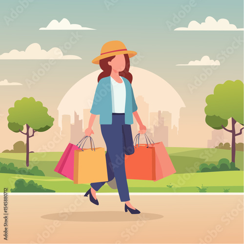 happy woman walking with shopping bags, vector illustration
