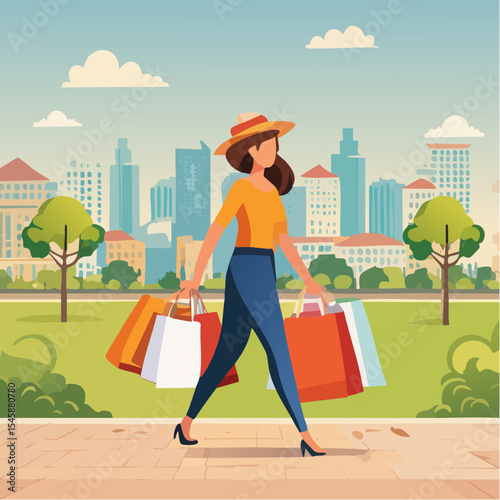 happy woman walking with shopping bags, vector illustration