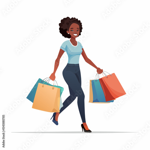 happy woman walking with shopping bags, vector illustration