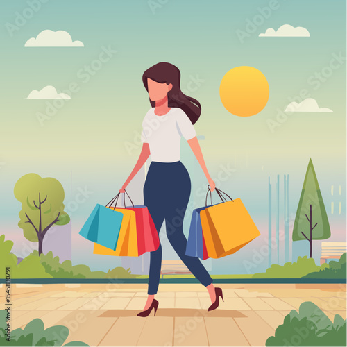 happy woman walking with shopping bags, vector illustration