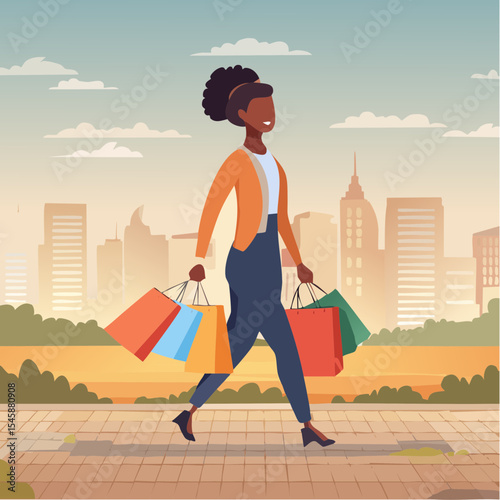happy woman walking with shopping bags, vector illustration