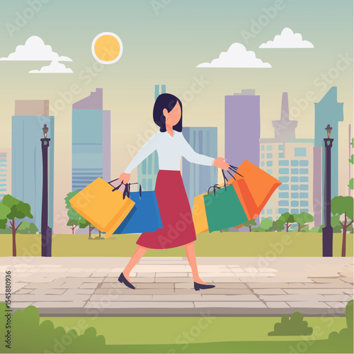 happy woman walking with shopping bags, vector illustration