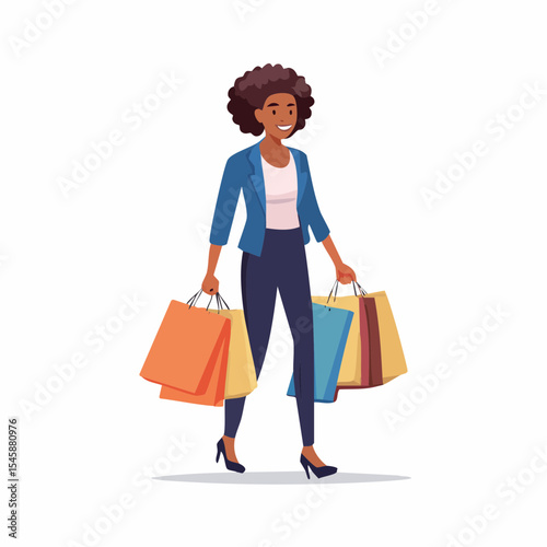 happy woman walking with shopping bags, vector illustration