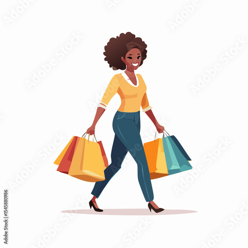 happy woman walking with shopping bags, vector illustration