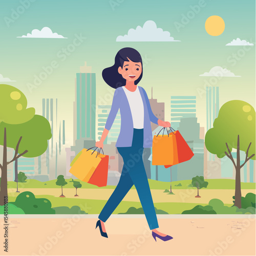 happy woman walking with shopping bags, vector illustration