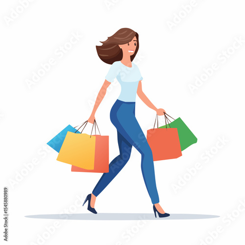 happy woman walking with shopping bags, vector illustration