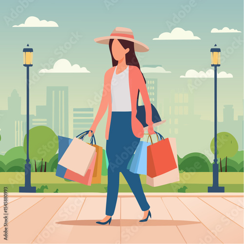 happy woman walking with shopping bags, vector illustration