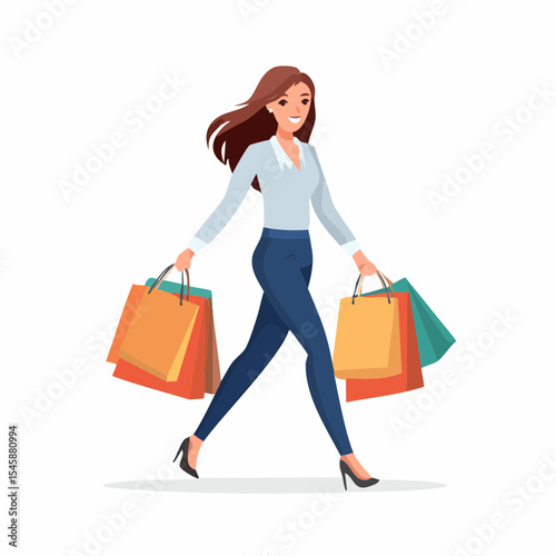 happy woman walking with shopping bags, vector illustration