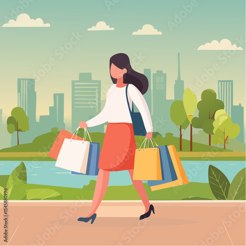 happy woman walking with shopping bags, vector illustration