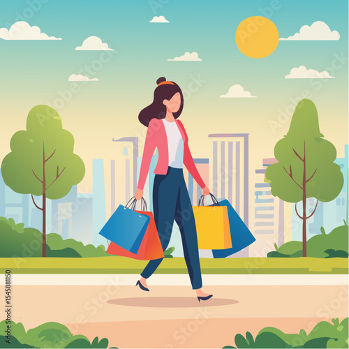 happy woman walking with shopping bags, vector illustration