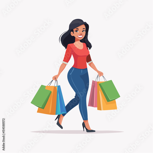 happy woman walking with shopping bags, vector illustration