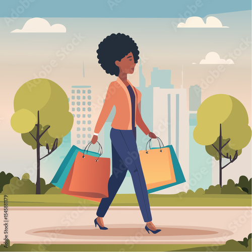 happy woman walking with shopping bags, vector illustration