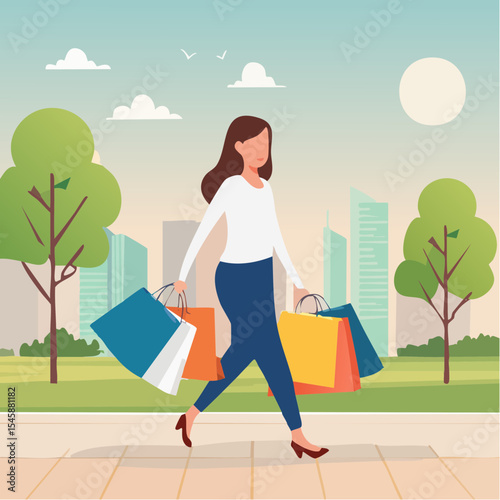 happy woman walking with shopping bags, vector illustration