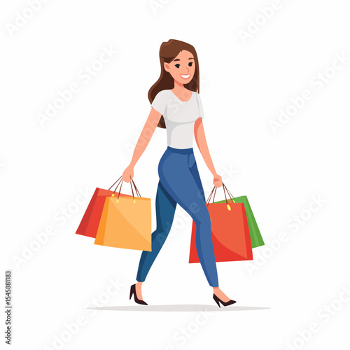 happy woman walking with shopping bags, vector illustration