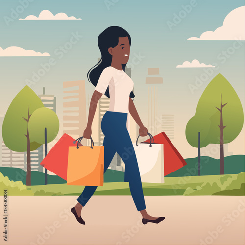 happy woman walking with shopping bags, vector illustration