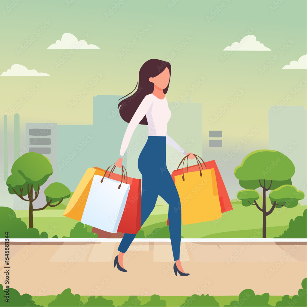 happy woman walking with shopping bags, vector illustration happy woman walking with shopping bags, vector illustration